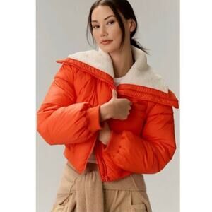 Maeve by Anthropologie Orange Sherpa Collar Cropped Puffer Jacket Size Medium